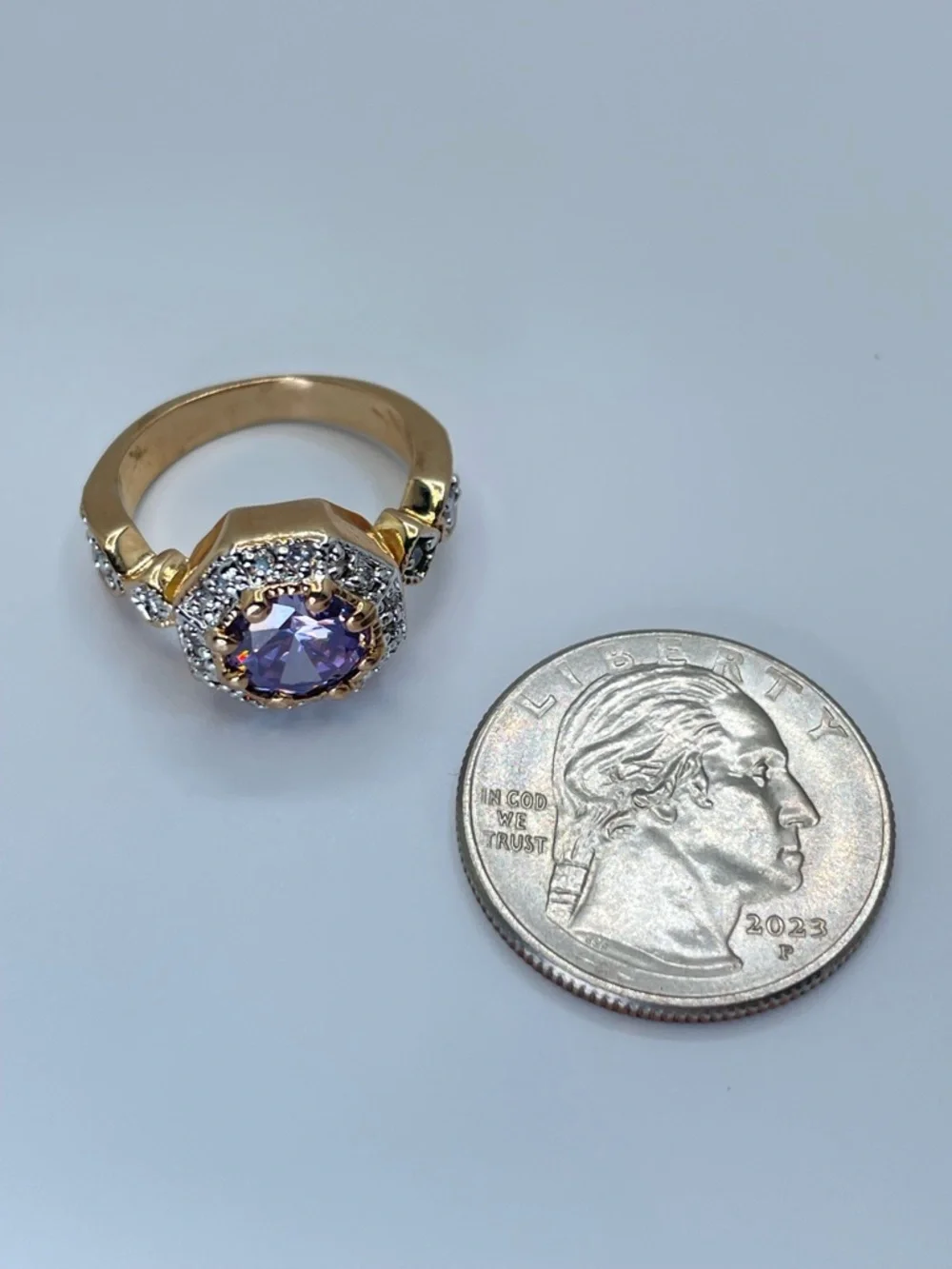 Swarovski Amethyst Purple Crystal Elements Halo Ring Gold Sz 7 Art Deco